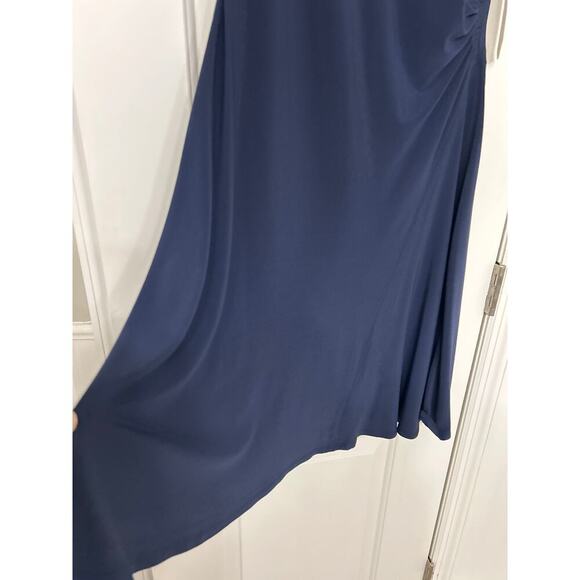 Evan Picone Blue Jersey Ruched Cap Sleeve Fit To Flare Asymmetrical Dress 10 - Picture 6 of 15